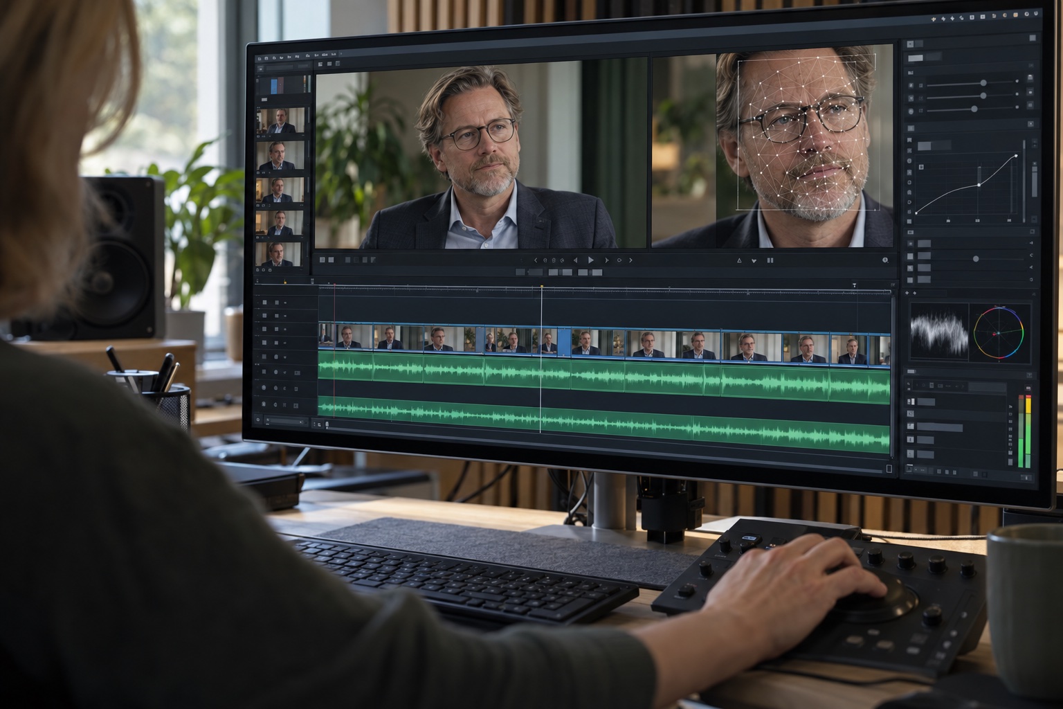 Ansikte, videobildrutor och ljudspår på en bildskärm.