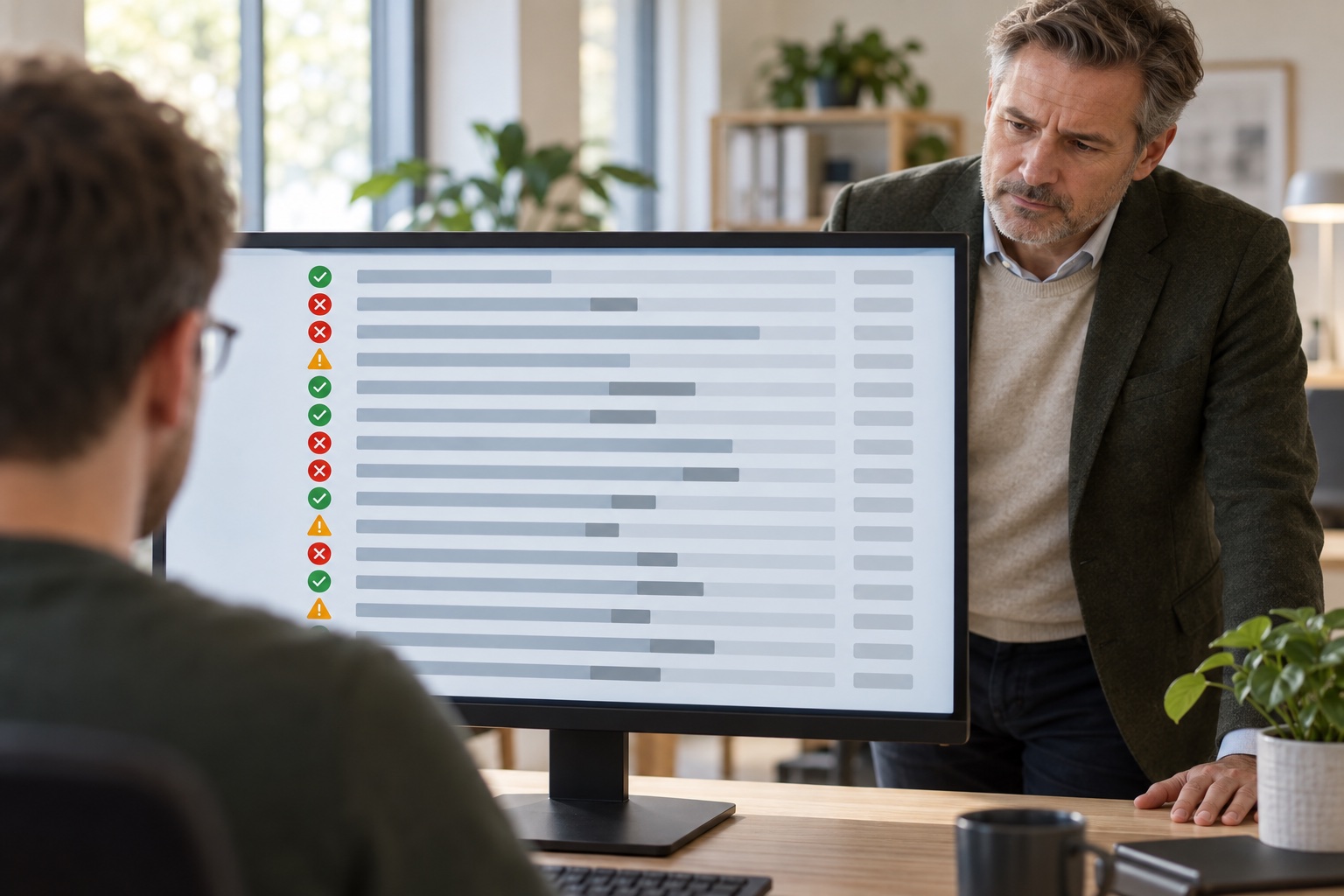 En tekniker granskar systemstatus medan en chef ser på.