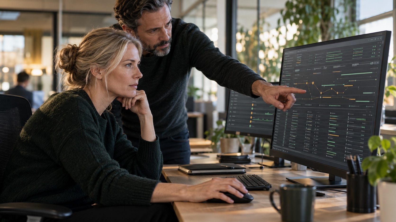 Två säkerhetsmedarbetare granskar händelser och systemstatus på bildskärmar.
