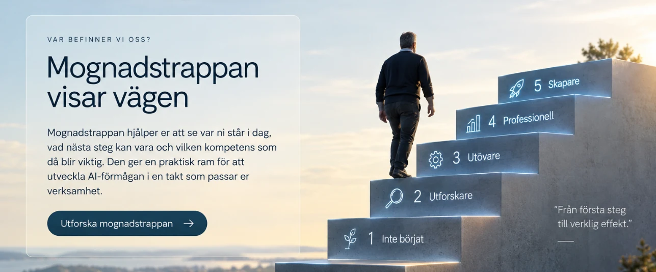 Mognadstrappan – från Inte börjat till Skapare. Utforska hur AI-mognad förändrar vilka frågor och kompetenser som blir viktiga.