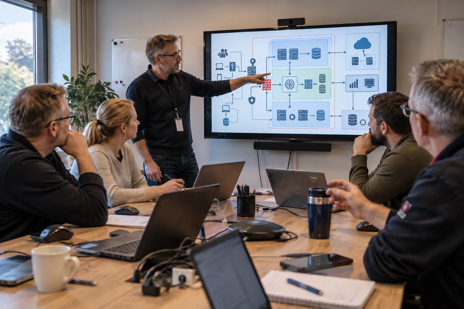 IT-specialist och verksamhet diskuterar den tekniska arkitekturen som gör en AI-lösning robust och säker.