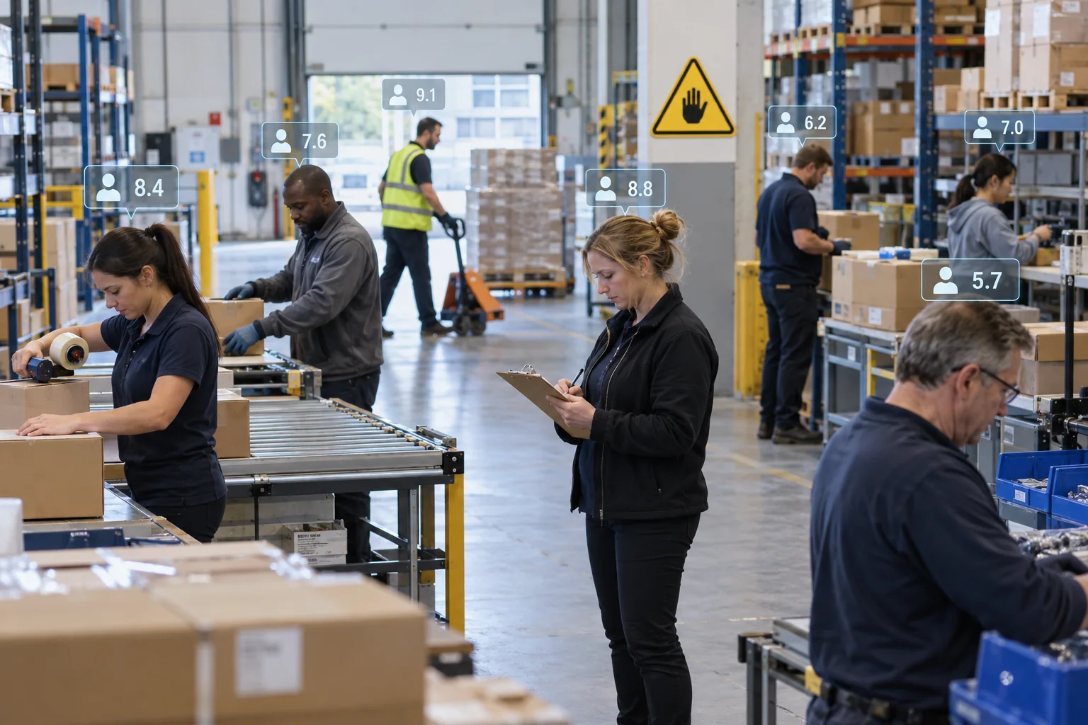 Medarbetare i en arbetsmiljö har fått individuella AI-baserade prestationsvärden ovanför sig.