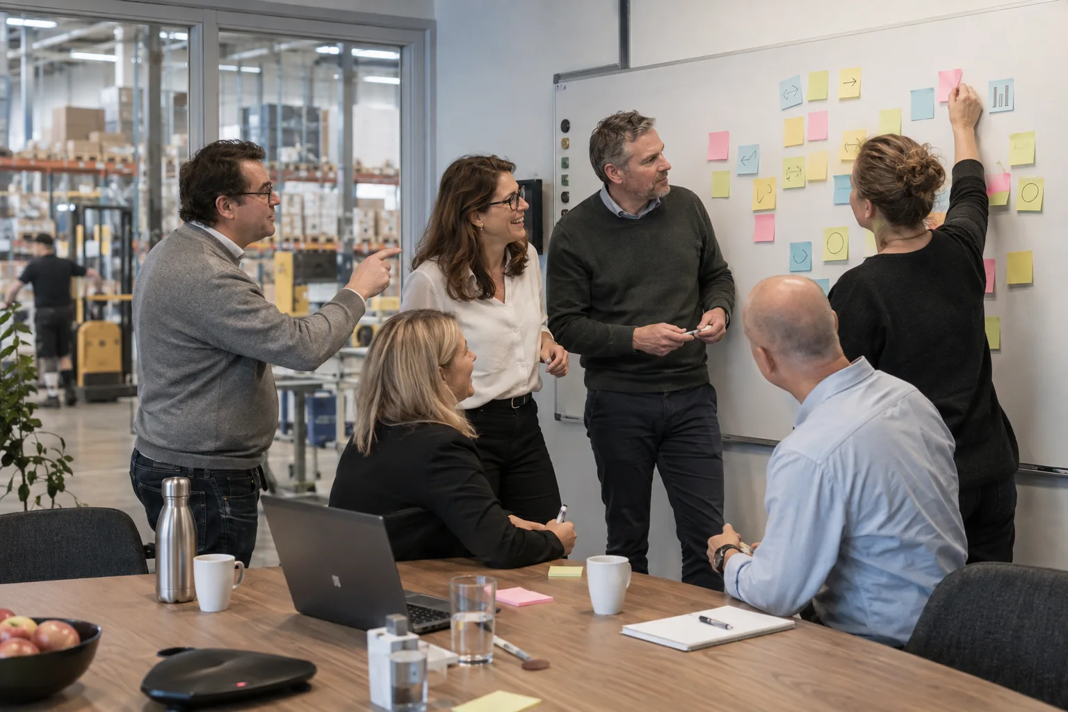 En ledningsgrupp diskuterar aktivt verksamhetens framtid med den verkliga verksamheten nära.