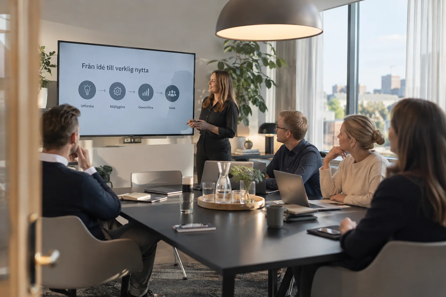 Tre personer med olika kompetenser diskuterar hur en AI-lösning ska koppla samman människor, API, språkmodell och verksamhetsdata.